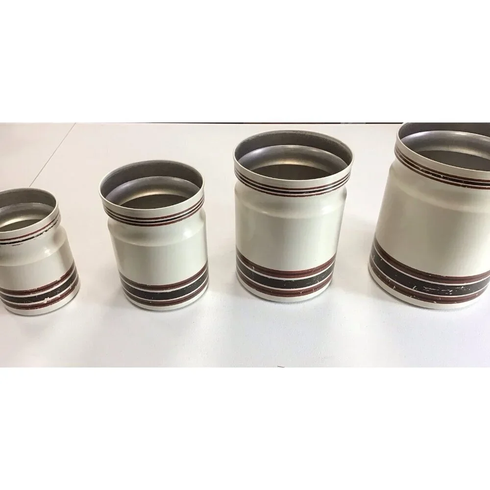 Vintage/Retro Set 4 Kromex Tan Brown Stripes Nesting Aluminum Canisters W/ LIDS - Picture 3 of 8